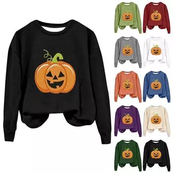 Женская мода Хэллоуин с длинным рукавом с принтом Свободная толстовка с круглым вырезом Топ L чёрный