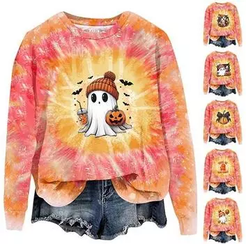 Женская мода Хэллоуин с длинным рукавом с принтом Свободная толстовка с круглым вырезом Топ XXXL чёрный