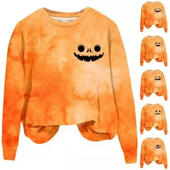 Женская мода Хэллоуин с длинным рукавом с принтом Свободная толстовка с круглым вырезом Топ M чёрный