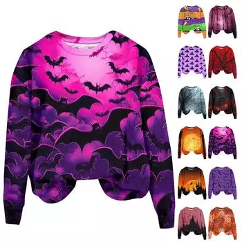Женская мода Хэллоуин с длинным рукавом с принтом Свободная толстовка с круглым вырезом Топ XXXL оранжевый