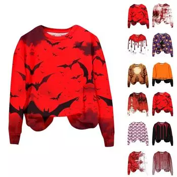 Женская мода Хэллоуин с длинным рукавом с принтом Свободная толстовка с круглым вырезом Топ S чёрный