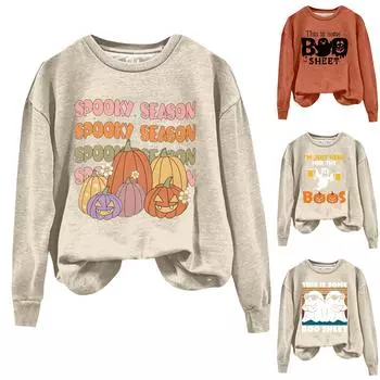Женская мода Хэллоуин с длинным рукавом с принтом Свободная толстовка с круглым вырезом Топ XL имбирный