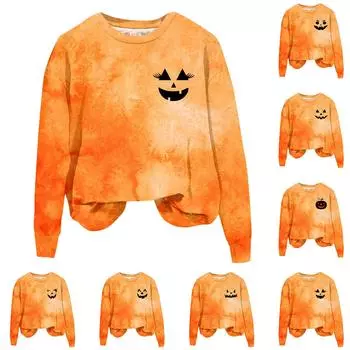Женская мода Хэллоуин с длинным рукавом с принтом Свободная толстовка с круглым вырезом Топ S шафрановый