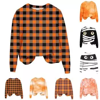Женская мода Хэллоуин с длинным рукавом с принтом Свободная толстовка с круглым вырезом Топ L шафрановый