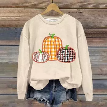 Женская мода Хэллоуин с длинным рукавом с принтом Свободная толстовка с круглым вырезом Топ L хаки