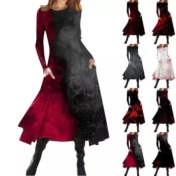 Женская мода Хэллоуин с принтом с круглым вырезом и длинным рукавом Slim Fit Midi Dress M чёрный