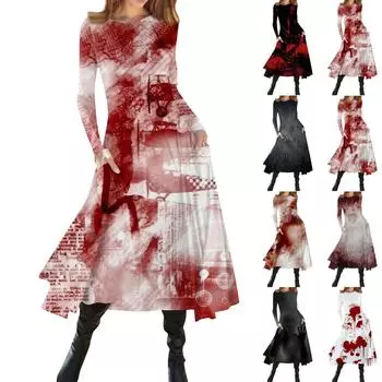 Женская мода Хэллоуин с принтом с круглым вырезом и длинным рукавом Slim Fit Midi Dress S