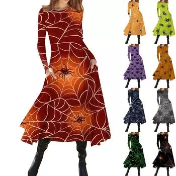 Женская мода Хэллоуин с принтом с круглым вырезом и длинным рукавом Slim Fit Midi Dress XL серый