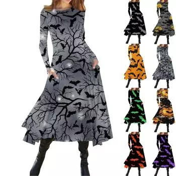 Женская мода Хэллоуин с принтом с круглым вырезом и длинным рукавом Slim Fit Midi Dress XXL оранжевый