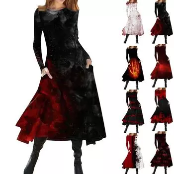 Женская мода Хэллоуин с принтом с круглым вырезом и длинным рукавом Slim Fit Midi Dress M киноварь