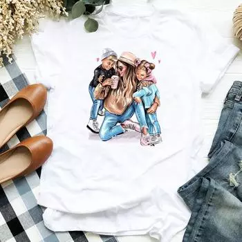 Женская мода Happy Time Mom Mother Мультфильм Trend Футболка с принтом Футболка Лето с коротким рукавом Женская базовая футболка Футболки с рисунком S