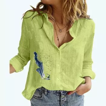 Женская мода, хлопковые и льняные блузки с лацканами, летний и осенний топ с цветочным принтом, женская повседневная свободная футболка с длинным рукавом на пуговицах S белый