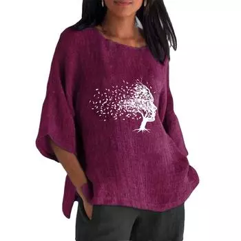 Женская мода, хлопковый льняной топ, лето-осень, большие размеры 3/4, блузки с длинным рукавом и круглым вырезом, женские повседневные тонкие длинные рубашки, свободные топы с принтом S розовый