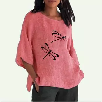 Женская мода, хлопковый льняной топ, лето-осень, большие размеры 3/4, блузки с длинным рукавом и круглым воротником, женские повседневные тонкие длинные рубашки, пуловер с принтом, свободные топы S розовый