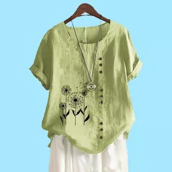 Женская мода хлопковый льняной топ лето и осень короткий рукав футболка женская повседневная цветочная принт свободная блузка S коричневый