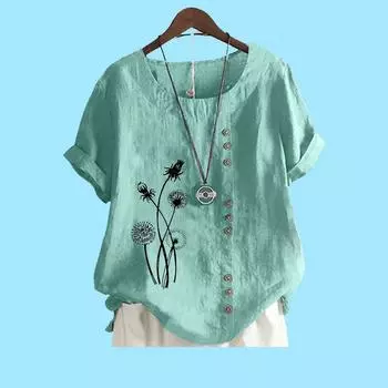 Женская мода хлопковый льняной топ лето и осень короткий рукав футболка женская повседневная цветочная принт свободная блузка S коричневый