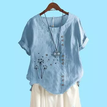 Женская мода хлопковый льняной топ лето и осень короткий рукав футболка женская повседневная цветочная принт свободная блузка S белый