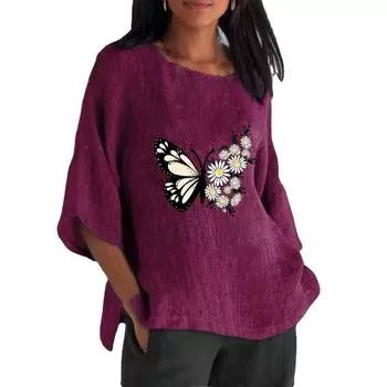 Женская мода, хлопковый льняной топ, лето-осень, большие размеры 3/4, блузки с длинным рукавом и круглым вырезом, женские повседневные тонкие длинные рубашки, свободные топы с принтом S розовый