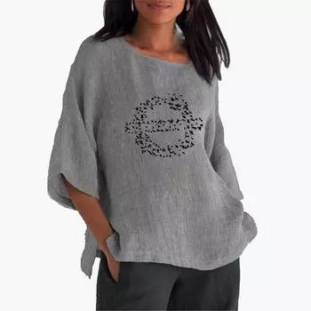 Женская мода, хлопковый льняной топ с длинными рукавами 3/4, женская повседневная рубашка больших размеров с круглым воротником, весна-лето, тонкая длинная рубашка с принтом S розовый