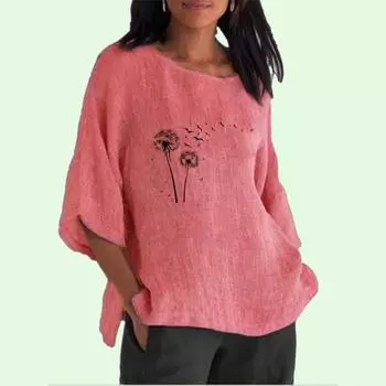 Женская мода, хлопковый льняной топ с рукавами 3/4, женская повседневная длинная рубашка с круглым воротником, весна-лето, тонкий принт, большие размеры S розовый
