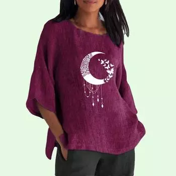 Женская мода, хлопковый льняной топ с рукавами 3/4, женская повседневная длинная рубашка с круглым воротником, весна-лето, тонкий принт, большие размеры S розовый