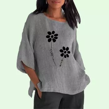 Женская мода, хлопковый льняной топ с рукавом 3/4, женская повседневная длинная рубашка с круглым воротником, весна-лето, тонкий принт, большие размеры S розовый