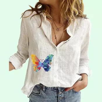 Женская мода, хлопковый льняной топ с воротником с лацканами, летняя и осенняя повседневная футболка с длинными рукавами и принтом бабочки, женские свободные блузки на пуговицах S белый