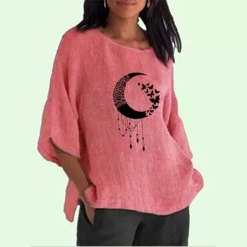 Женская мода, хлопковый льняной топ с рукавами 3/4, женская повседневная длинная рубашка с круглым воротником, весна-лето, тонкий принт, большие размеры S розовый