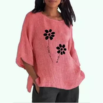 Женская мода, хлопковый льняной топ с рукавами 3/4, женская повседневная длинная рубашка с круглым воротником, весна-лето, тонкий принт, большие размеры S розовый