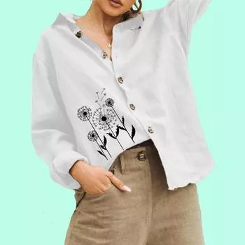 Женская мода хлопок льняная блузка дамы цветочный принт топ повседневная застегивающаяся на пуговицы рубашка с длинными рукавами S белый