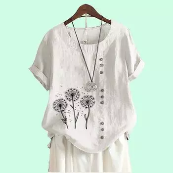 Женская мода хлопок льняная блузка лето и осень мода круглый вырез короткий рукав топ женская цветочный принт свободная футболка S коричневый