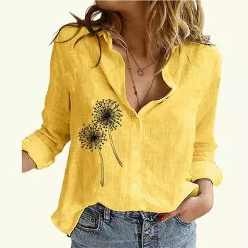 Женская мода хлопок льняная блузка женская стойка воротник длинный рукав топ повседневный принт застегивающаяся рубашка S белый