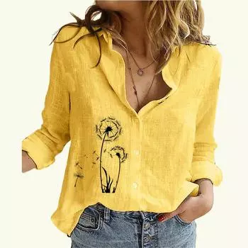 Женская мода хлопок льняная блузка женская стойка воротник длинный рукав топ повседневный принт застегивающаяся рубашка S белый