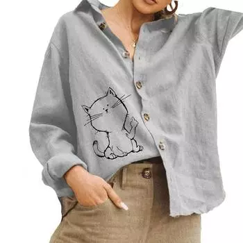Женская мода хлопок льняная рубашка повседневная кошачий принт блузка женская отложной воротник рубашка на пуговицах S белый