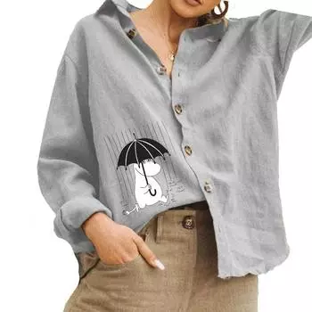 Женская мода хлопок льняная рубашка повседневная кошачий принт блузка женская отложной воротник рубашка на пуговицах S белый