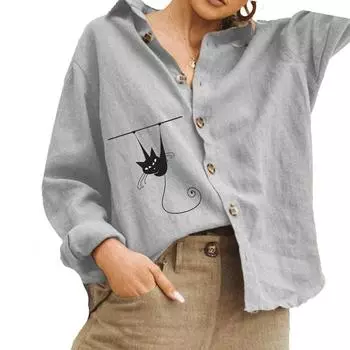 Женская мода хлопок льняная рубашка повседневная кошачий принт блузка женская отложной воротник рубашка на пуговицах S белый