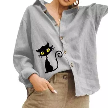 Женская мода хлопок льняная рубашка повседневная кошачий принт блузка женская отложной воротник рубашка на пуговицах S белый
