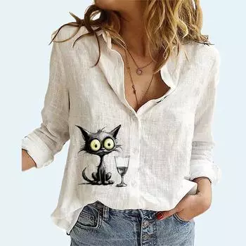 Женская мода хлопок льняная рубашка с принтом кота топ с длинными рукавами женская повседневная блузка на пуговицах S белый