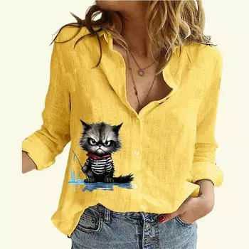 Женская мода хлопок льняная рубашка с принтом кота топ с длинным рукавом женская повседневная блузка на пуговицах S белый