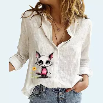 Женская мода хлопок льняная рубашка с принтом кота топ с длинными рукавами женская повседневная блузка на пуговицах S белый
