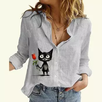 Женская мода хлопок льняная рубашка с принтом кота топ с длинным рукавом женская повседневная блузка на пуговицах S белый