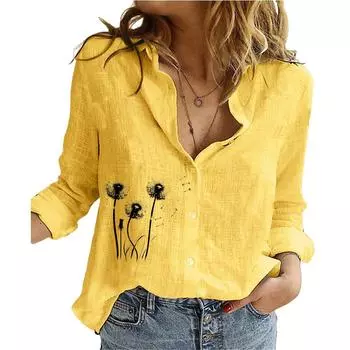 Женская мода хлопок льняная рубашка с цветочным принтом длинный рукав топ женская повседневная стойка воротник застегивается на пуговицы блузка S белый