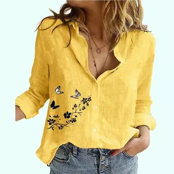 Женская мода хлопок льняная рубашка весна и осень отворот воротник тонкий топ повседневный принт блузка S белый