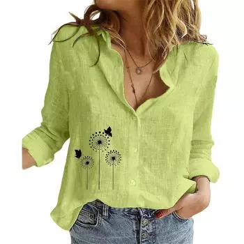 Женская мода хлопок льняная рубашка весна-лето повседневная застежка на пуговицы тонкий топ цветочный принт блузки S белый