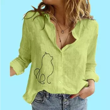 Женская мода хлопок льняная рубашка женская стойка-воротник принт топ повседневная застегивающаяся на пуговицы блузка с длинным рукавом S белый