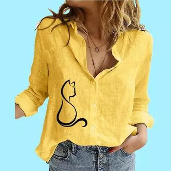 Женская мода хлопок льняная рубашка женская стойка воротник принт топ повседневная застегивающаяся на пуговицы блузка с длинными рукавами S белый