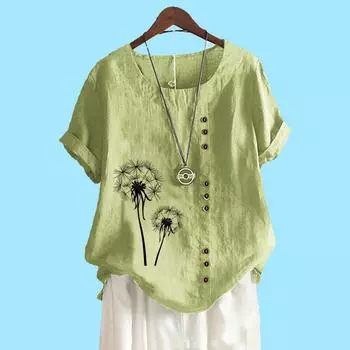 Женская мода хлопок льняной топ блузка лето и осень короткий рукав футболка женская повседневная цветочный принт свободная блузка S коричневый