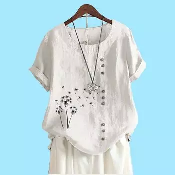 Женская мода хлопок льняной топ блузка лето и осень короткий рукав футболка женская повседневная цветочный принт свободная блузка S коричневый