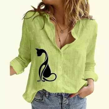 Женская мода хлопок лен блузка на пуговицах дамы длинный рукав топ повседневный воротник стойка печать рубашка S белый