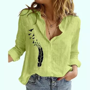 Женская мода хлопок лен тонкая рубашка дамы лацкан воротник топ повседневный принт блузка S белый